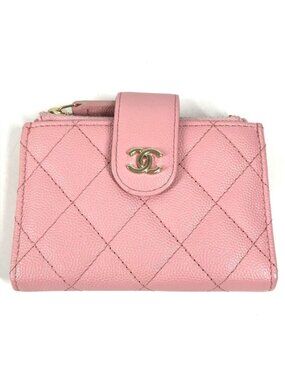 Chanel Coin Case Quilted Double Zip Card Caviar Leather Pink